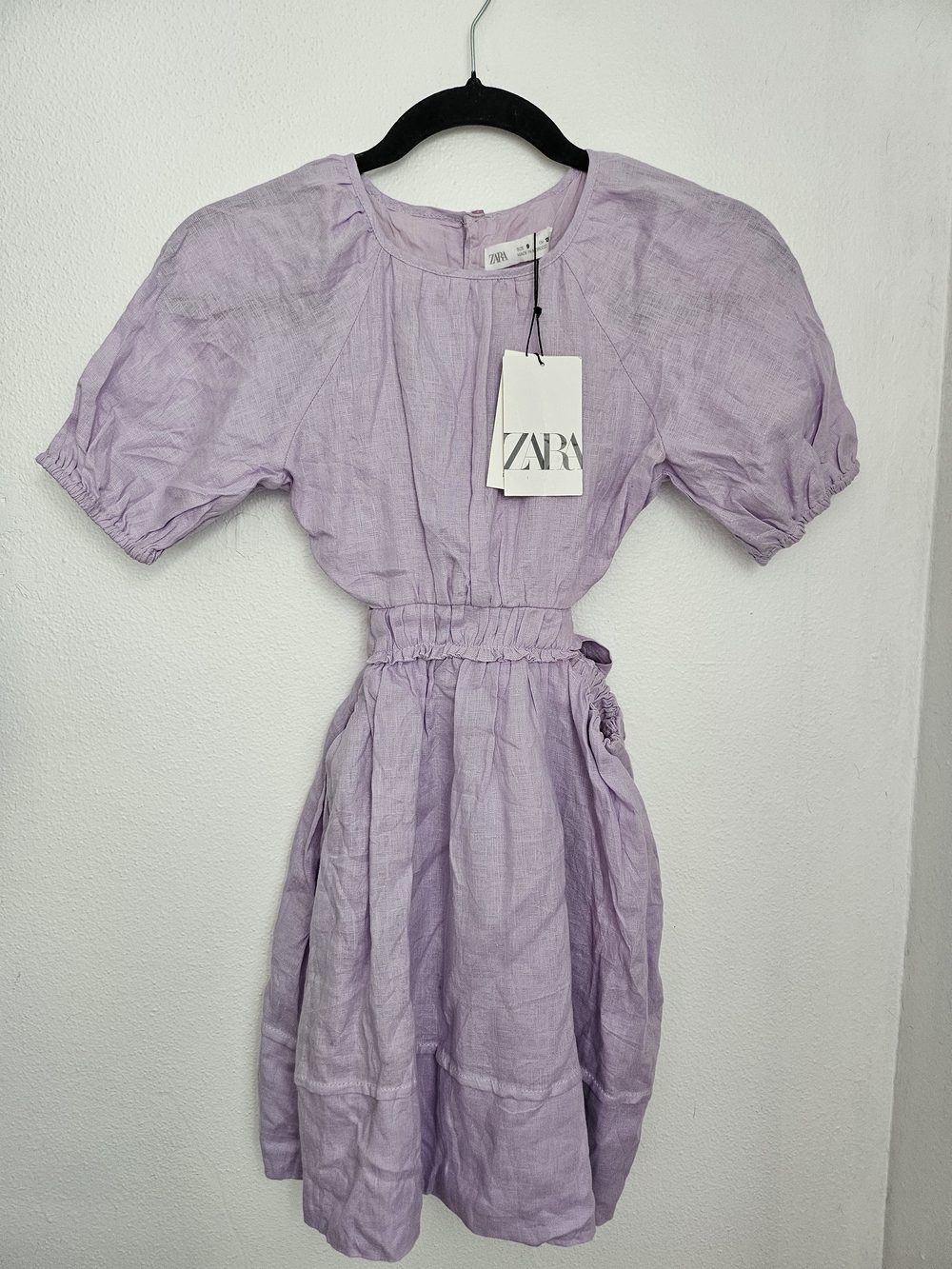 ZARA Lilac Puff Sleeve Linen Dress With Side Cutouts